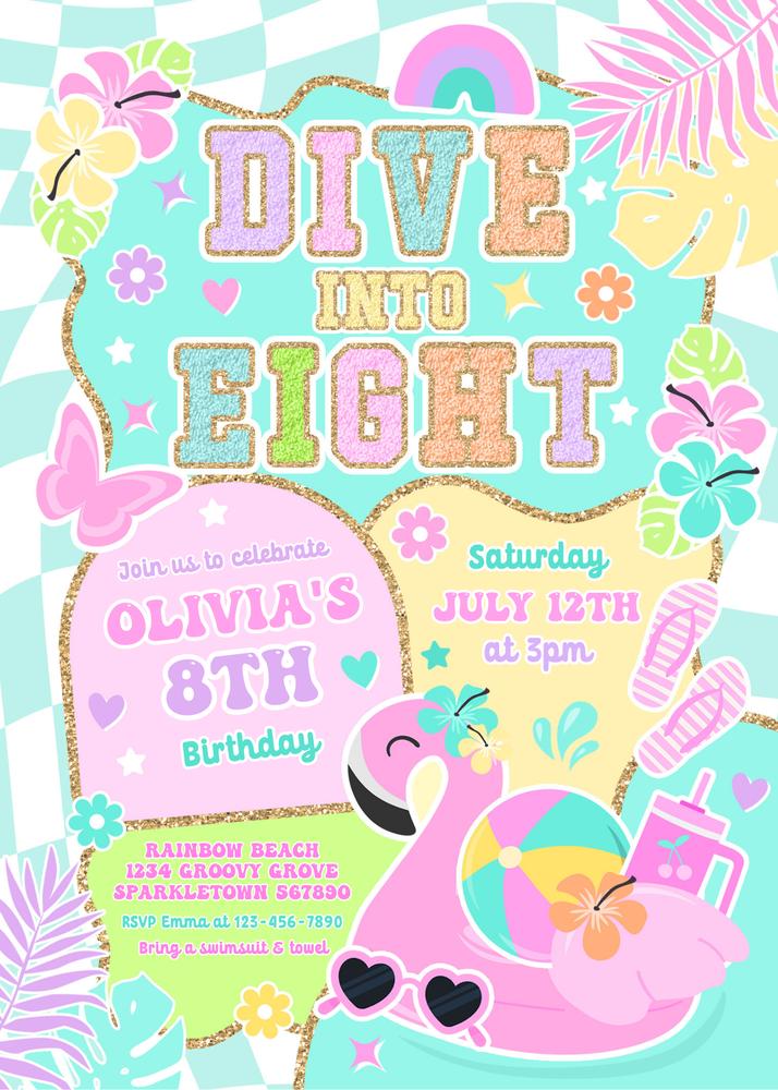 Preppy Dive Into Eight 8th Birthday Pool Party Invitation Canva Template