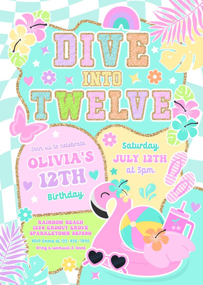 Preppy Dive Into Twelve 12th Birthday Pool Party Invitation Canva Template