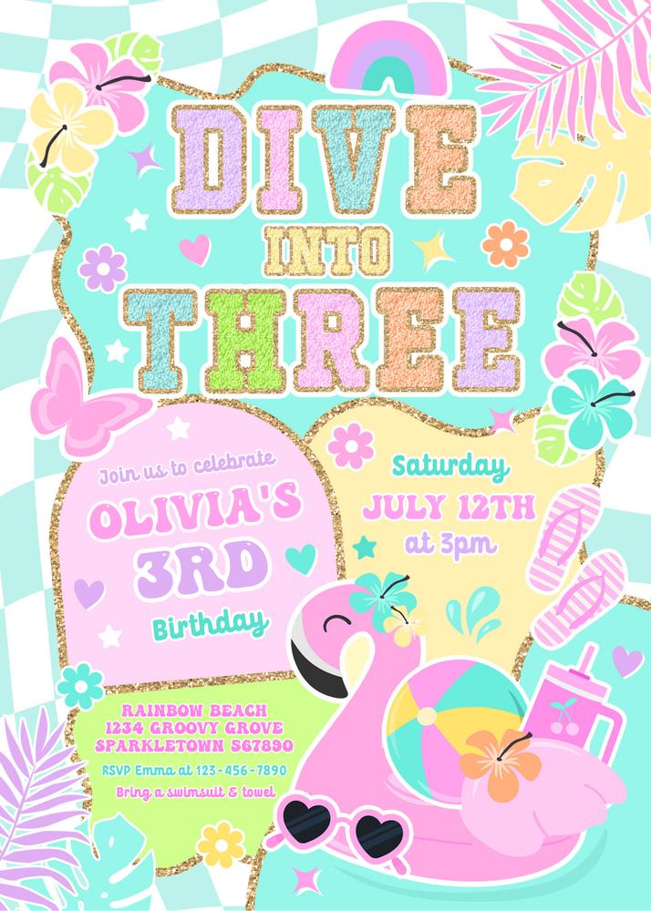 Preppy Dive Into Three 3rd Birthday Pool Party Invite Canva Template