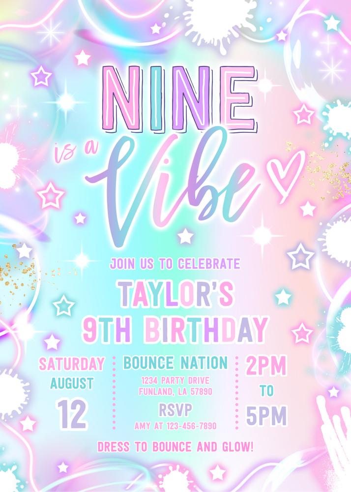 Nine Is A Vibe Neon Glow 9th Birthday Invitation | Editable Canva Template