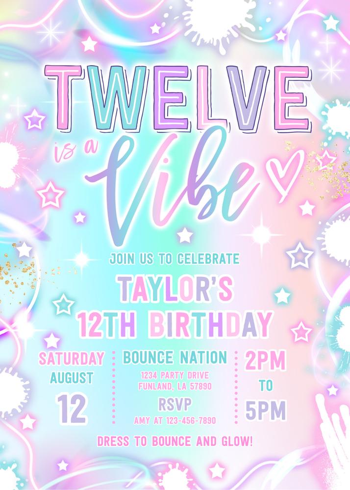 Twelve Is A Vibe Neon Glow 12th Birthday Invitation | Editable Canva Template