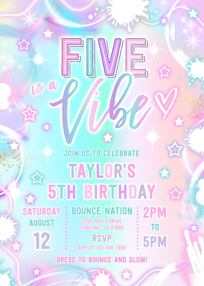 Five Is A Vibe 5th Birthday Invitation | Editable Neon Glow Party Template