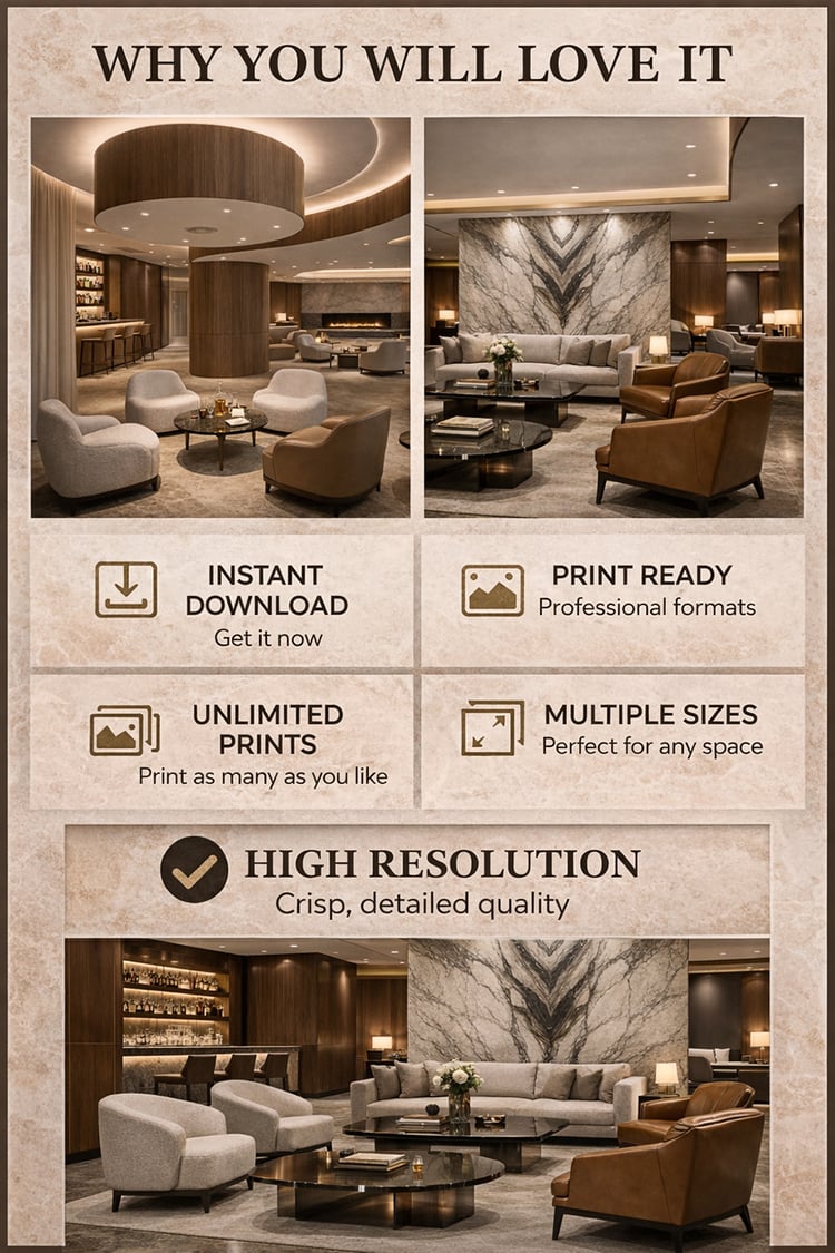 Collection of ultra-luxury executive lounge interiors featuring marble walls, walnut paneling, premium leather seating and warm architectural lighting
