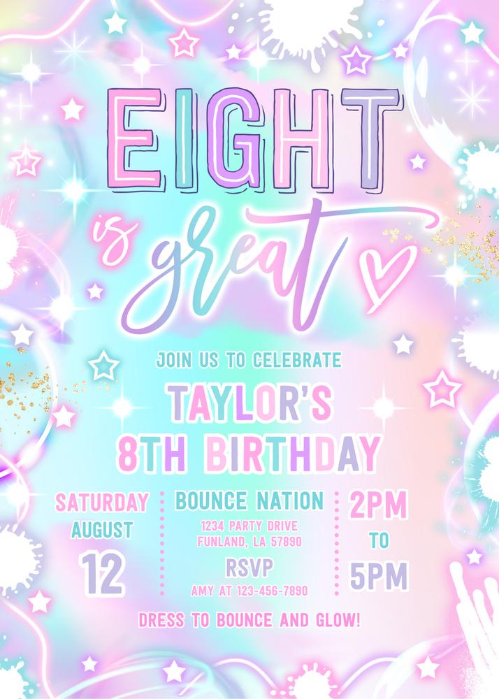 Neon Glow 8th Birthday Invitation | Eight Is Great Canva Template | Editable