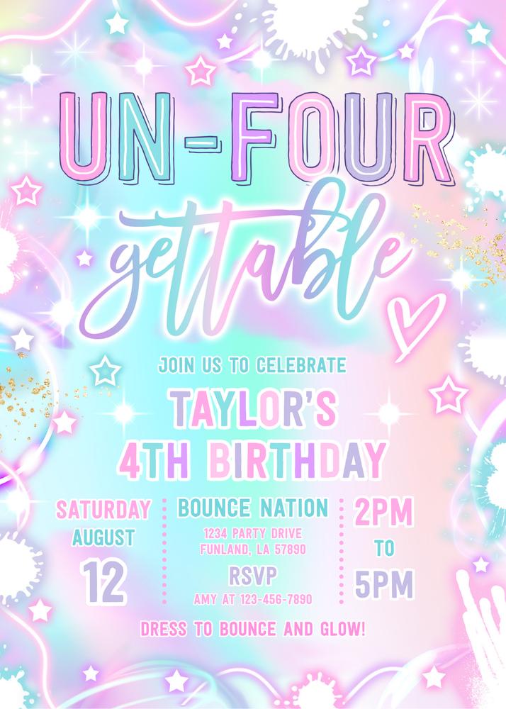 Neon Disco 4th Birthday Invitation | Editable Canva Template | Un-Four-Gettable