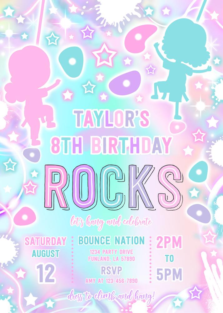 Neon Glow Tie Dye Rock Climbing Birthday Invitation - Editable Canva Template