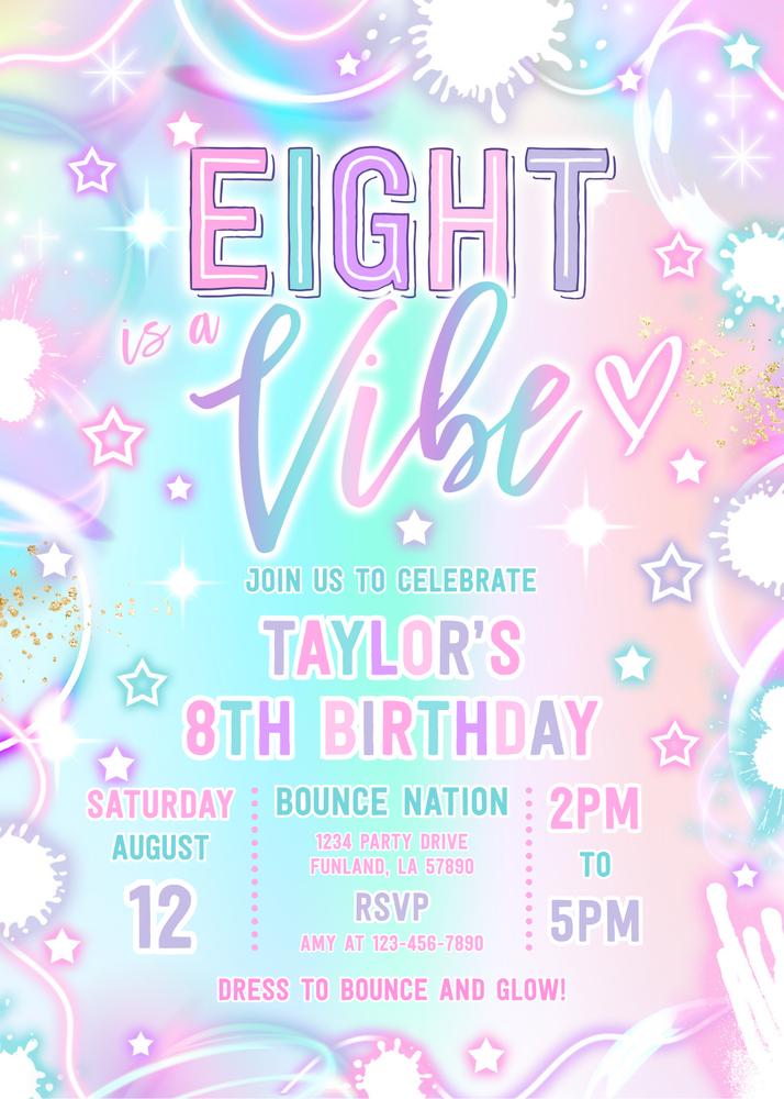 Neon Glow 8th Birthday Invitation Template | Eight Is A Vibe Canva Edit
