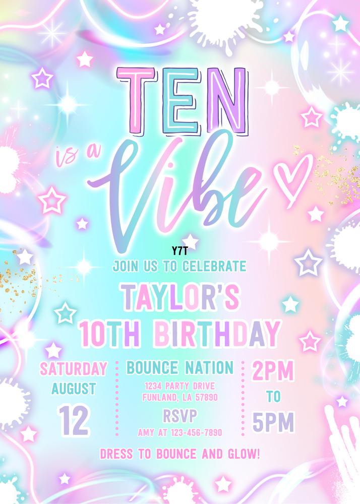 Ten Is A Vibe Neon Glow 10th Birthday Invitation | Editable Canva Template
