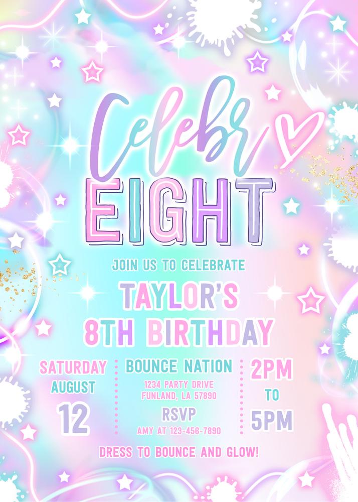 Neon Disco 8th Birthday Invitation | Glow Party Canva Template Celebr-8