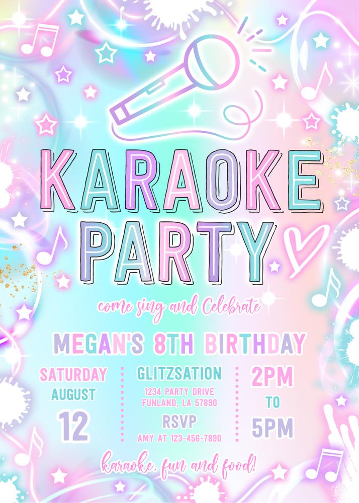 Neon Glow Tie Dye Karaoke Birthday Party Invitation | Editable Canva Template
