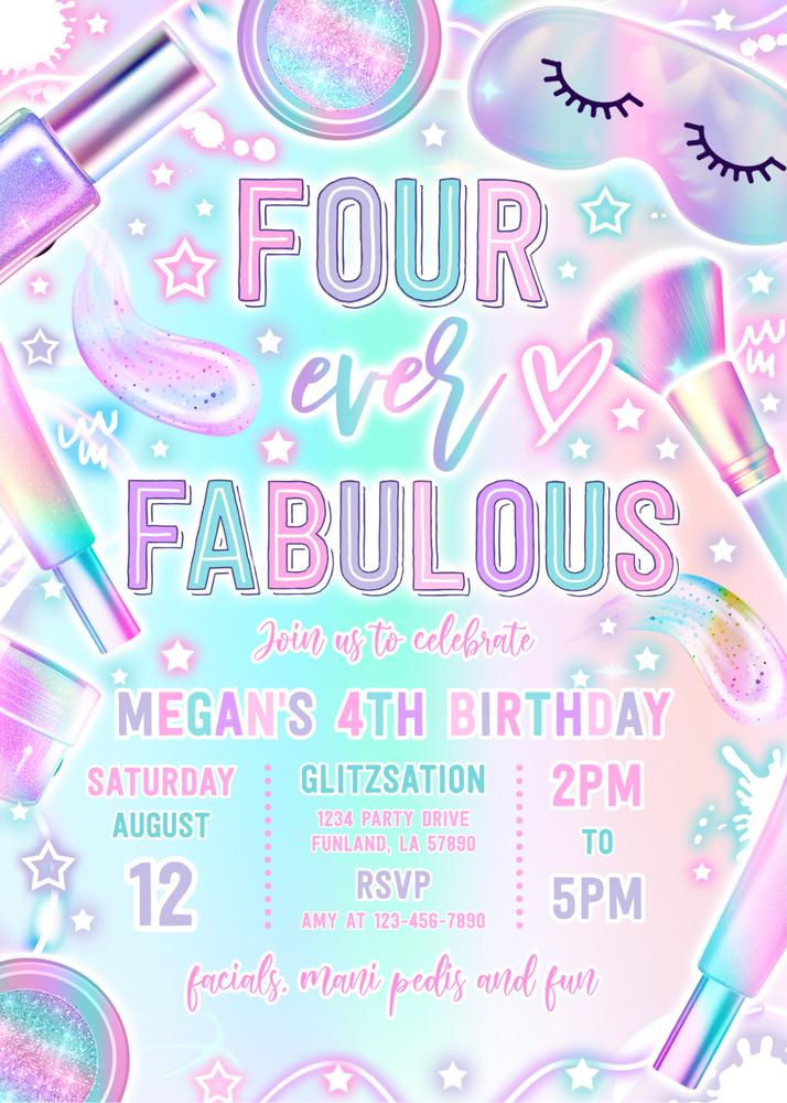 Four and Fabulous Girly Glam 4th Birthday Invitation | Editable Canva Template