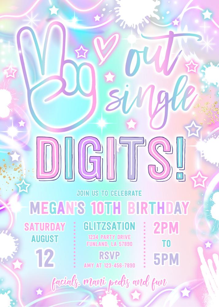 Peace Out Single Digits 10th Birthday Invitation, Neon Glow Canva Template