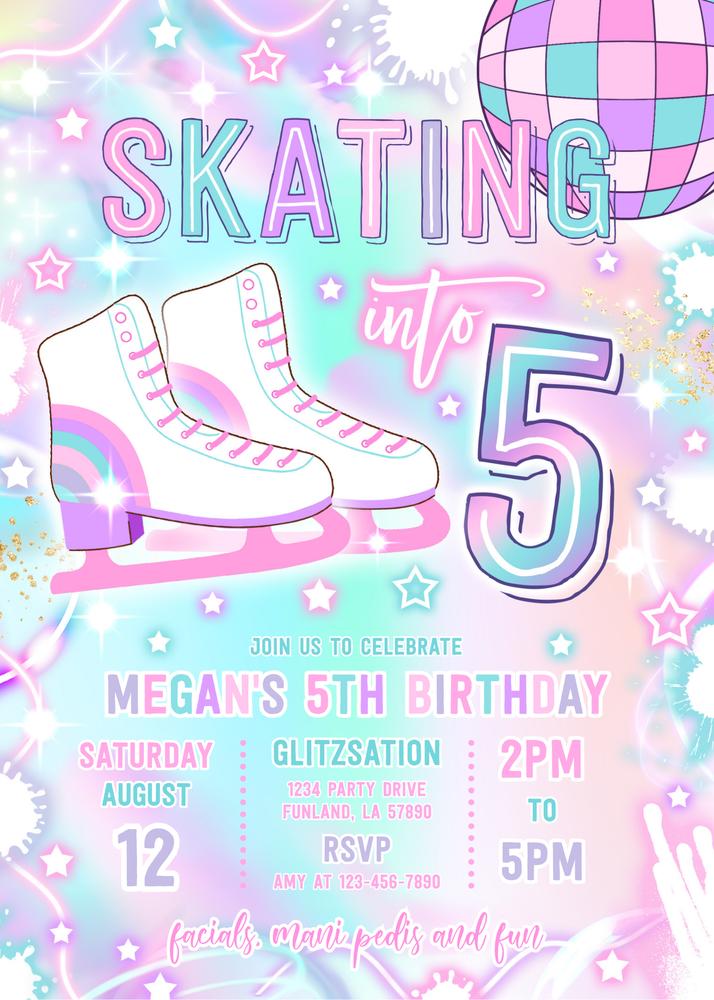 Neon Glow 5th Birthday Invitation | Editable Skating Into Five Template