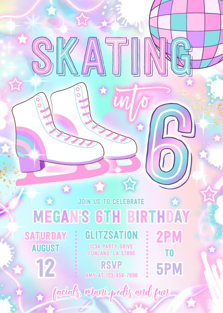 Neon Glow Ice Skating 6th Birthday Invitation - Skatin Into Six Canva Template