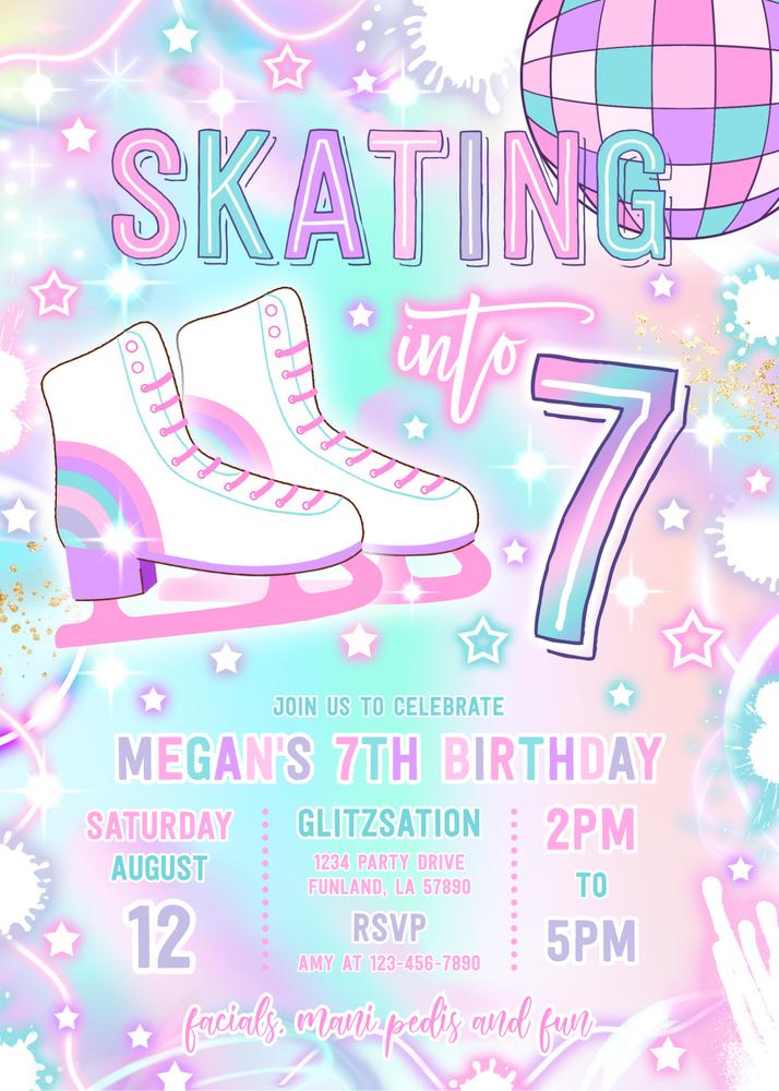 Neon Glow Ice Skating 7th Birthday Invitation | Editable Canva Template