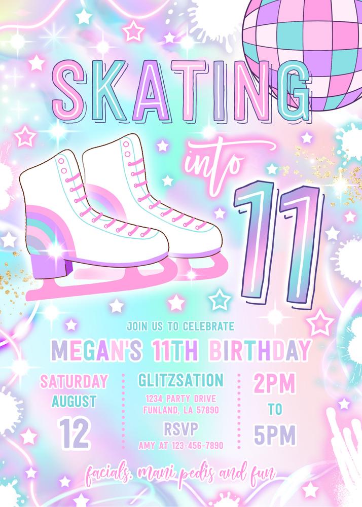 Neon Glow Ice Skating 11th Birthday Invitation | Skatin Into Eleven Canva