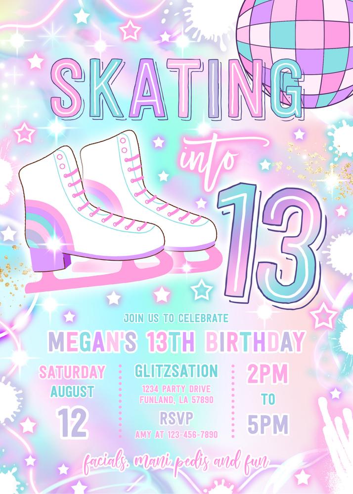 Neon Roller Skating 13th Birthday Invitation - Glow Party Canva Template