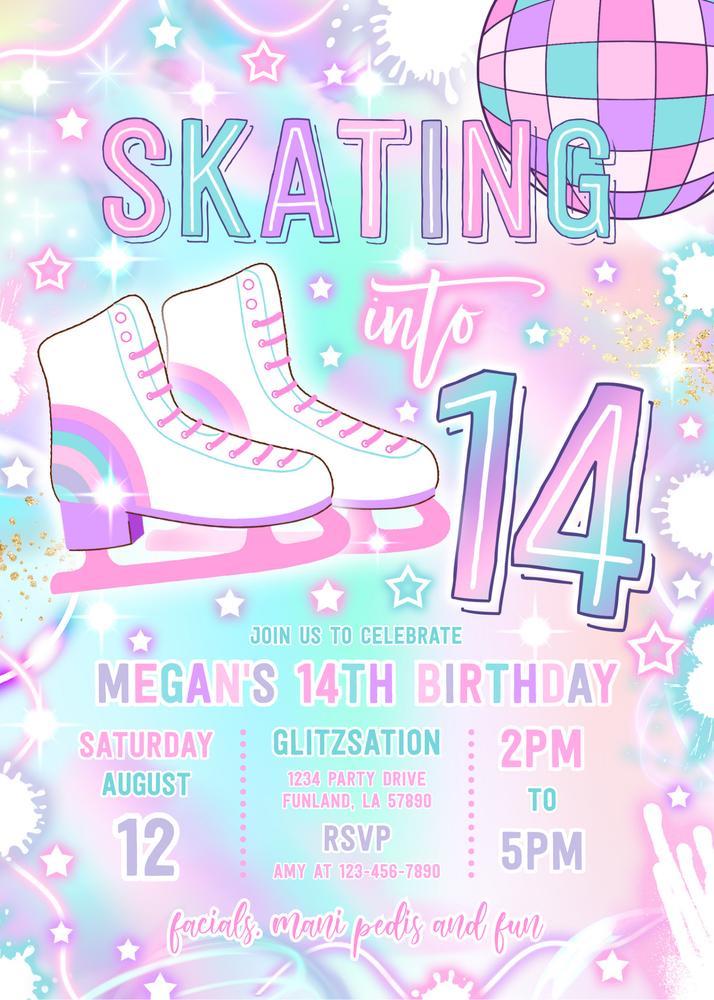 Neon Glow Ice Skating 14th Birthday Invitation | Editable Canva Template