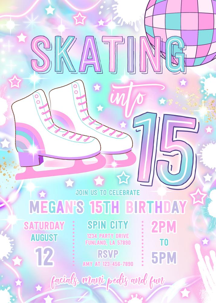 Neon Glow Ice Skating 15th Birthday Invitation | Editable Canva Template
