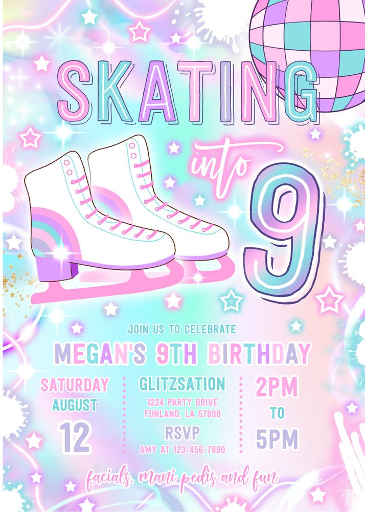 Neon Glow Ice Skating 9th Birthday Invitation | Editable Canva Template