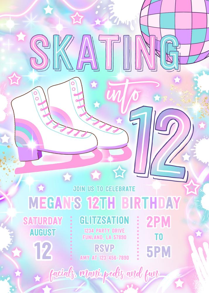 Neon Glow Ice Skating 12th Birthday Invitation | Editable Canva Template