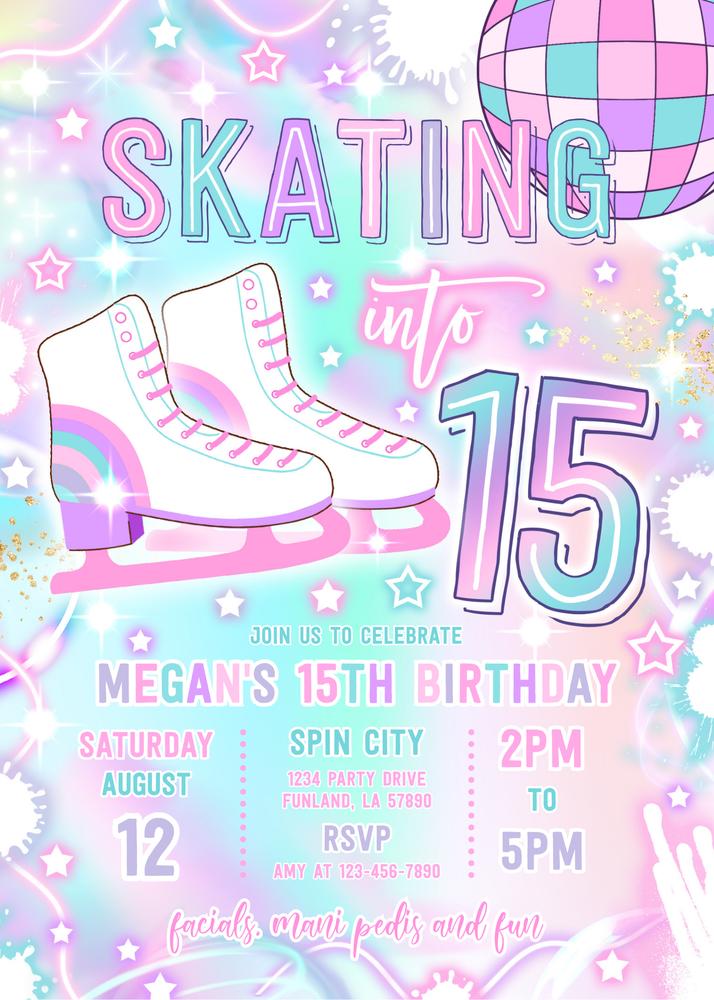Neon Glow Ice Skating 15th Birthday Invitation | Editable Canva Template