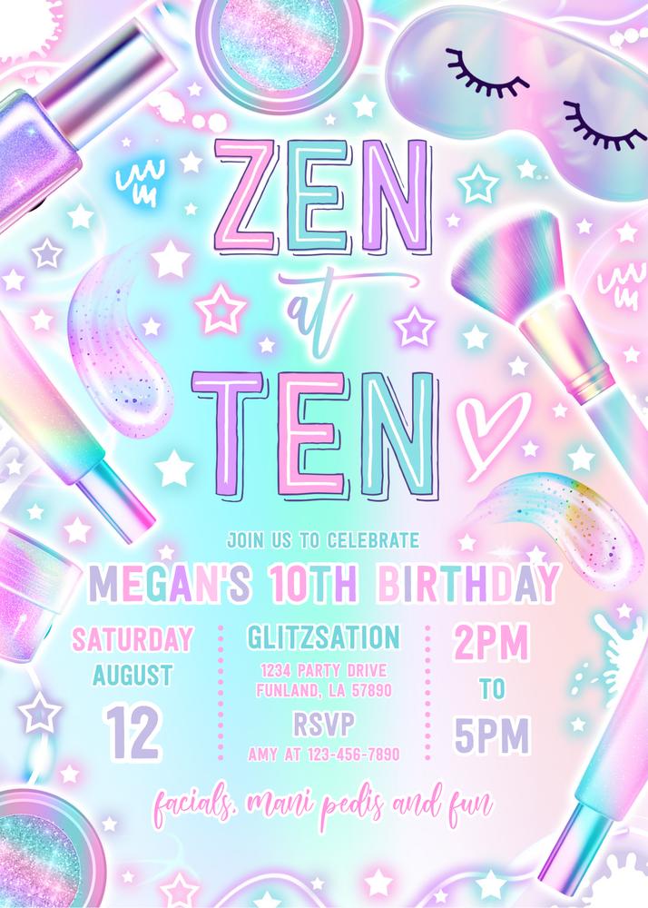 Zen At Ten Neon Glow Spa Party Birthday Invitation | Editable Canva Template