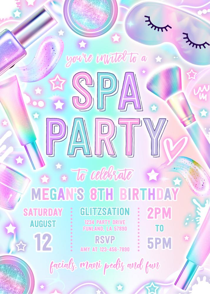 Neon Glow Spa Birthday Invitation | Glitz & Glam Party Template | Canva DIY