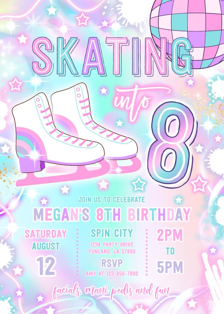 Neon Glow Ice Skating 8th Birthday Invitation Template - Skatin Into Eight