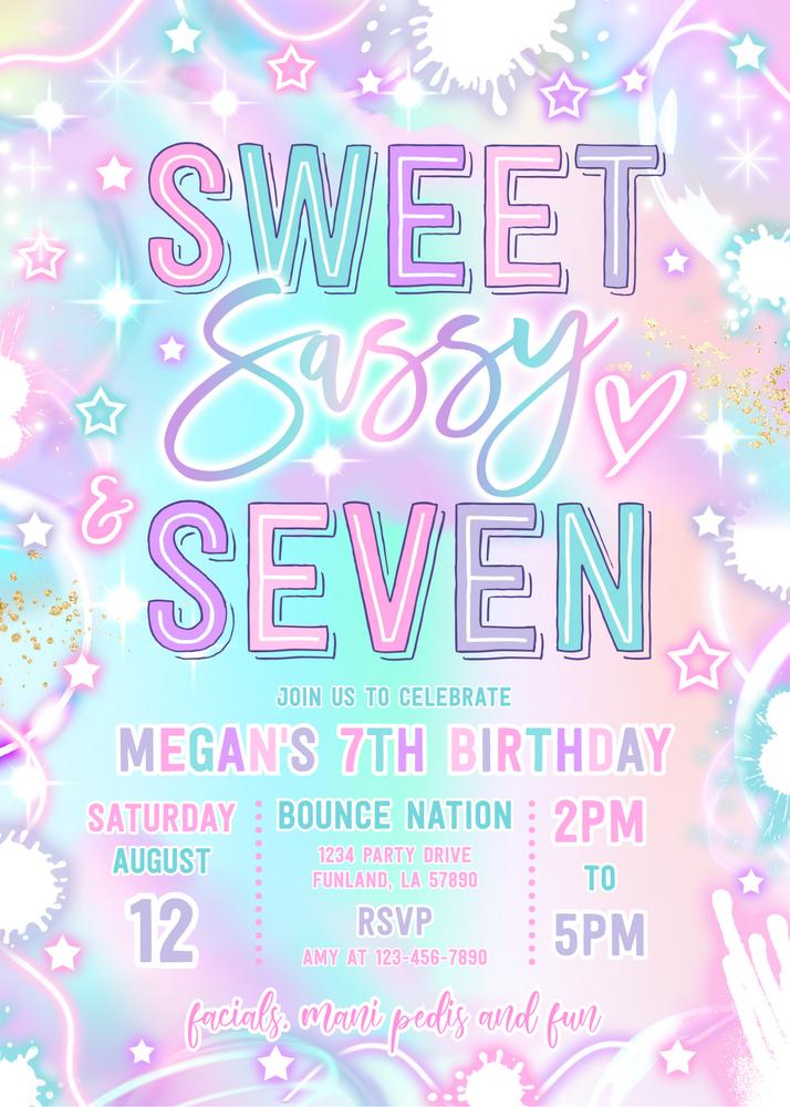 Neon Glow Sweet Sassy and Seven Birthday Invitation | 7th Birthday Canva Template