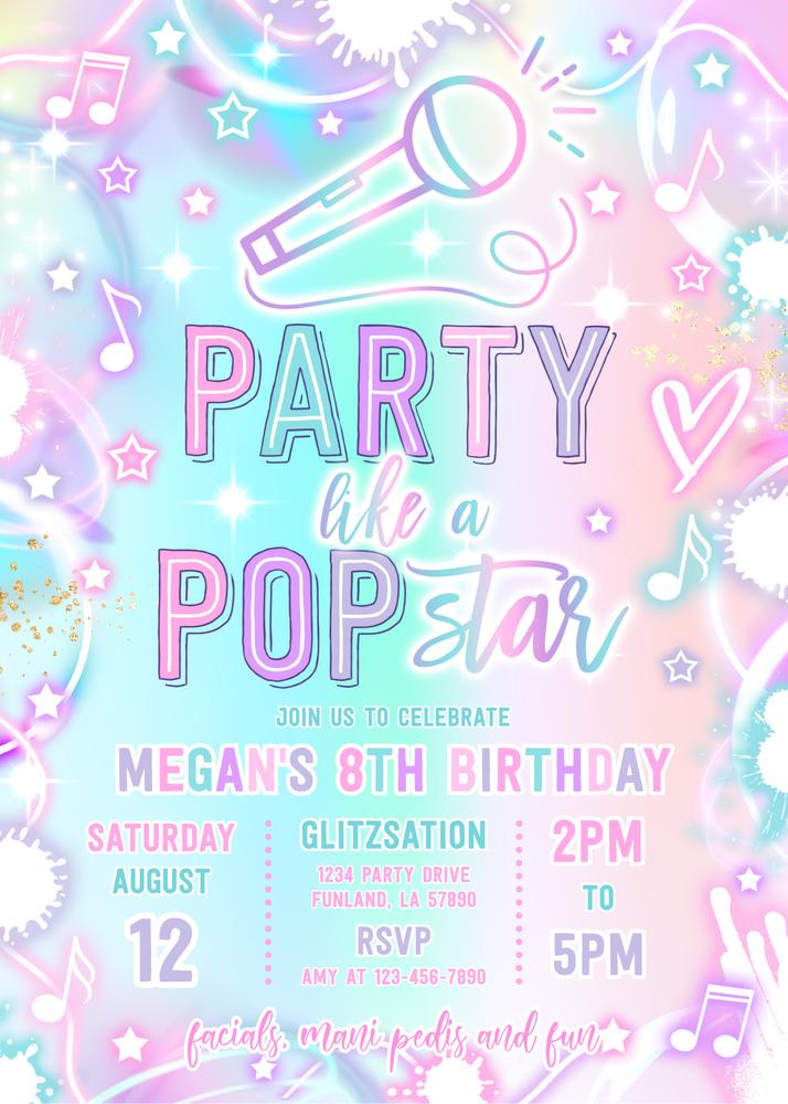 Neon Glow Popstar Birthday Invitation | Editable Canva Template Pink & Gold