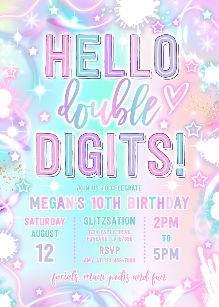 Hello Double Digits Neon Glow 10th Birthday Invitation - Canva Template