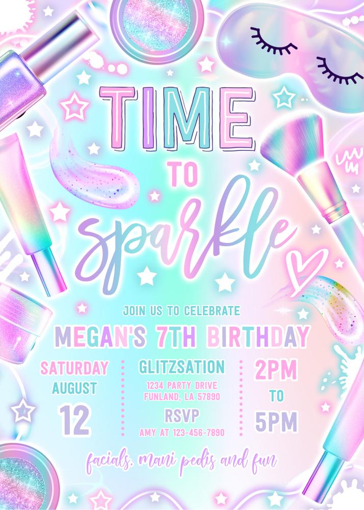 Pastel Glow Spa Party Invitation | Editable Canva Template Sparkle Theme