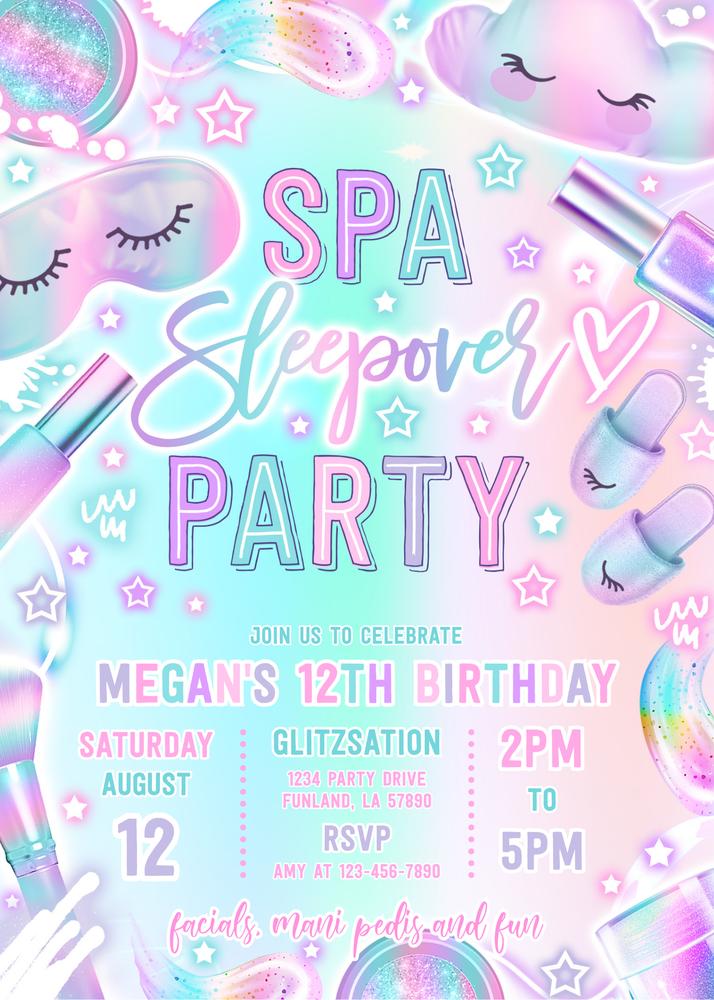 Neon Glow Glam Spa Slumber Party Invitation | Editable Canva Template