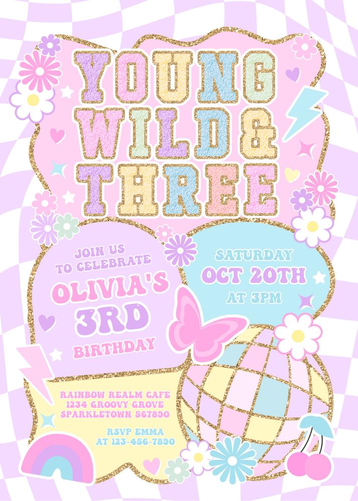 Young Wild and Three Varsity Preppy 3rd Birthday Invitation Canva Template