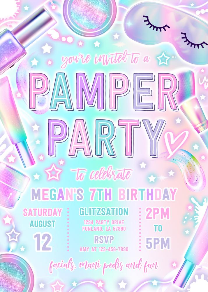 Neon Glow Pamper Party Birthday Invitation | Editable Canva Template
