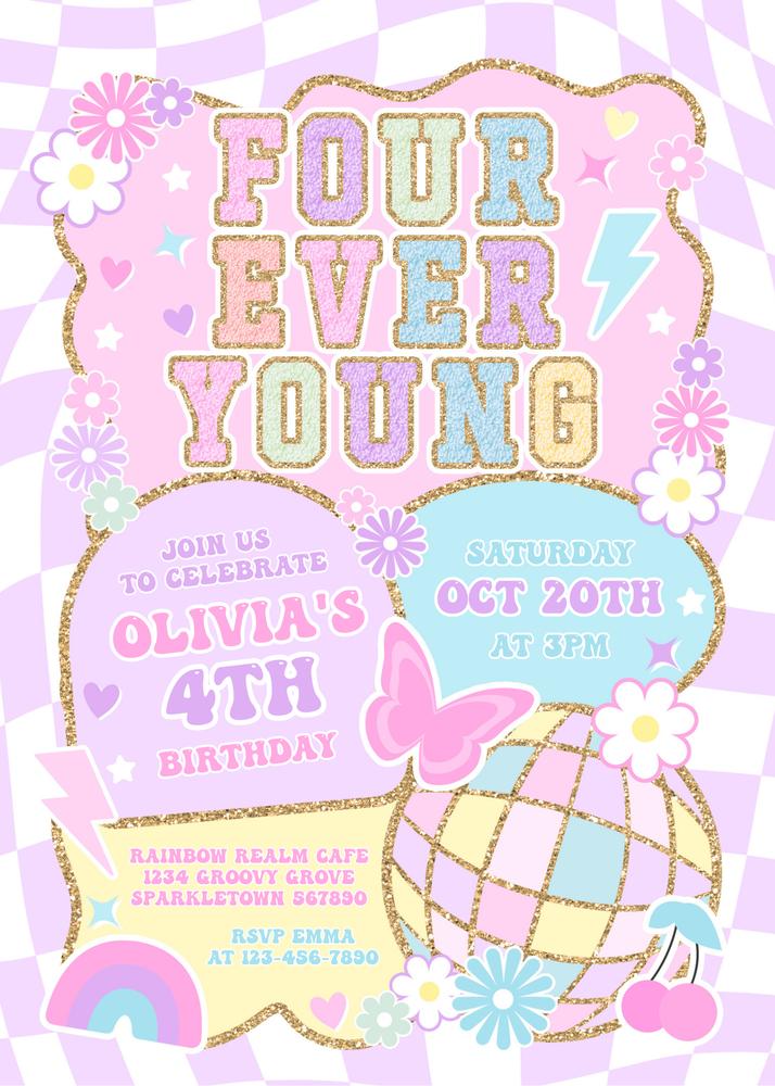 Four Ever Young 4th Birthday Invitation | Varsity Preppy Canva Template