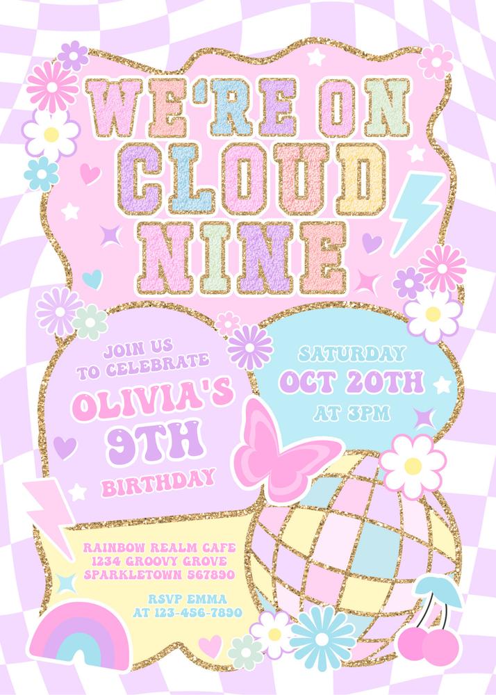 Cloud 9 Varsity Birthday Invitation | Editable Preppy Fashion Canva Template