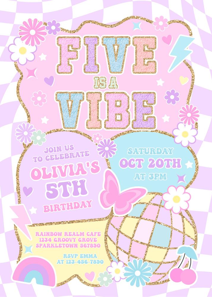 Five Is A Vibe 5th Birthday Invitation | Preppy Retro Canva Template E3T