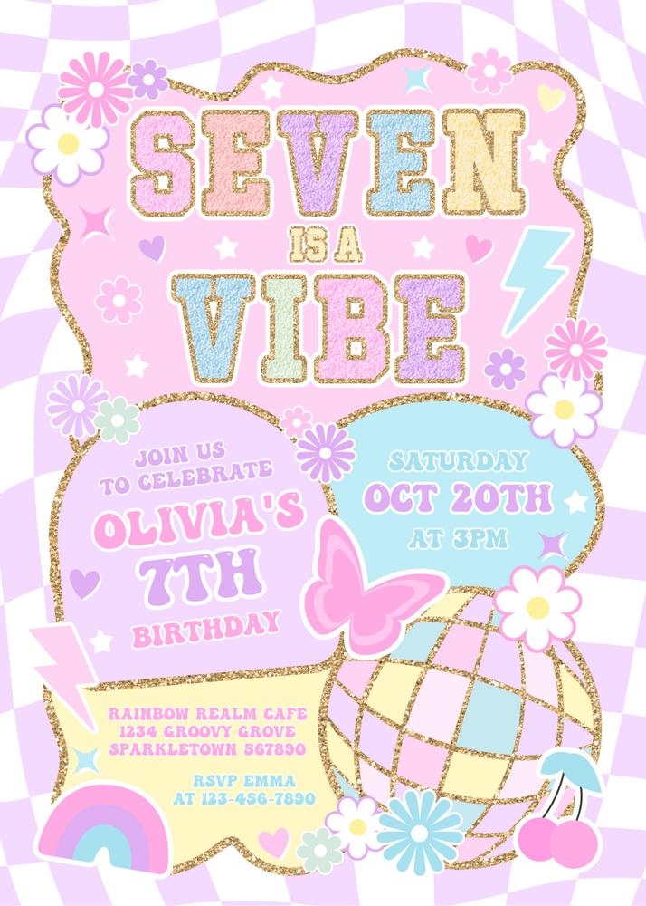 Seven Is A Vibe 7th Birthday Invitation | Preppy Pink Editable Canva Template