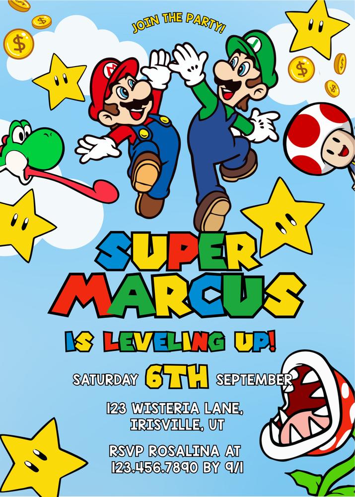 Editable Super Mario Birthday Invitation | Mario Bros Party Invite Canva Template
