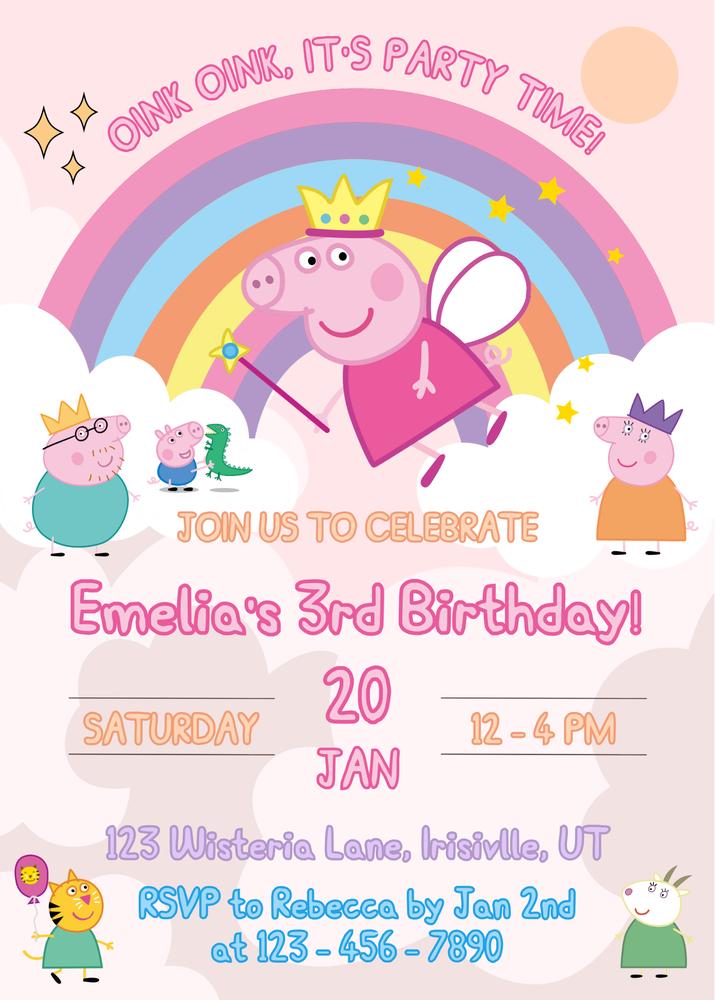 Peppa Pig Birthday Invitation | Rainbow Girl Birthday Invite | Canva Template