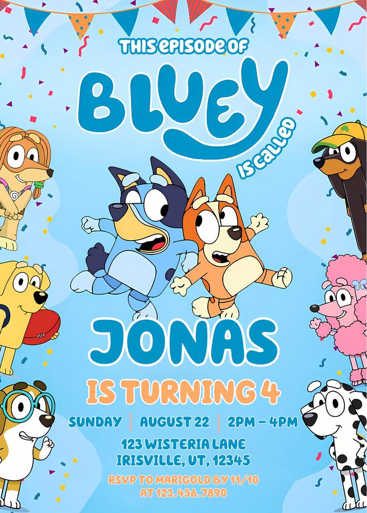 Bluey Birthday Invitation Template | Editable Blue Boy Invite Canva