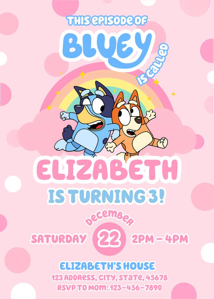 Bluey Rainbow Pink Birthday Invitation Template - Editable Canva Invite