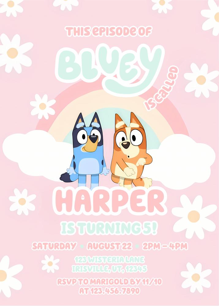 Bluey Daisy Rainbow Birthday Invitation | Editable Canva Template Pink Pastel
