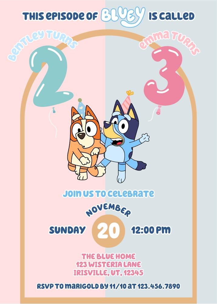 Editable Sibling Bluey & Bingo Birthday Invitation | Bluey Party Canva Template