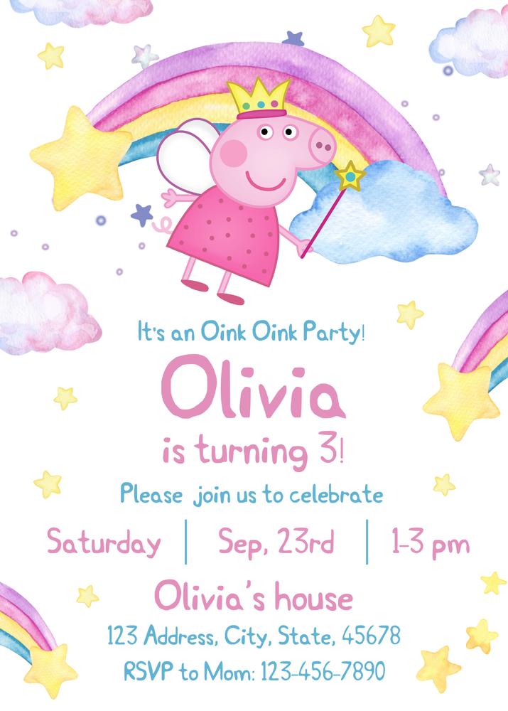 Editable Peppa Pig Rainbow Watercolor Birthday Invitation | Canva Template