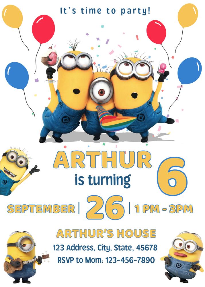 Editable Minions Balloon Birthday Invitation Template | Canva Instant Download