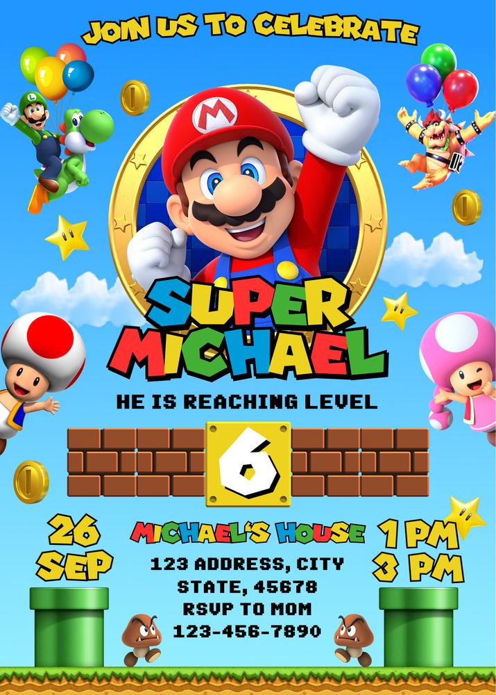 Editable Super Mario Birthday Invitation Template | Canva Instant Download