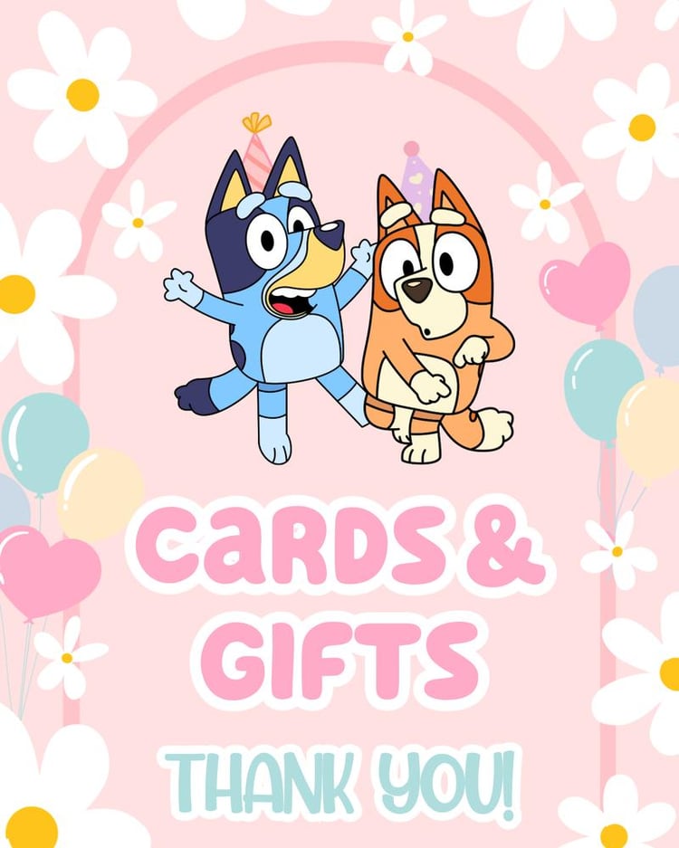 Editable Bluey Pink Daisy Table Signs - Canva Birthday Party Template